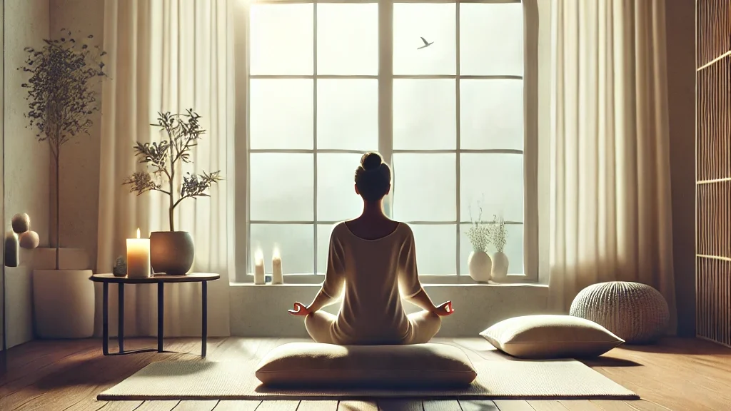 DALL·E 2025 01 23 22.54.35 A serene image depicting mindfulness featuring a tranquil indoor setting with a person sitting in a lotus position on a meditation cushion. The room edited