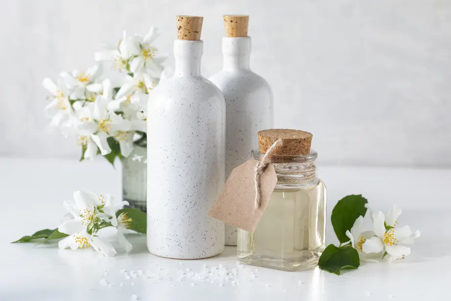 spa concept with jasmine flowers white background copy space